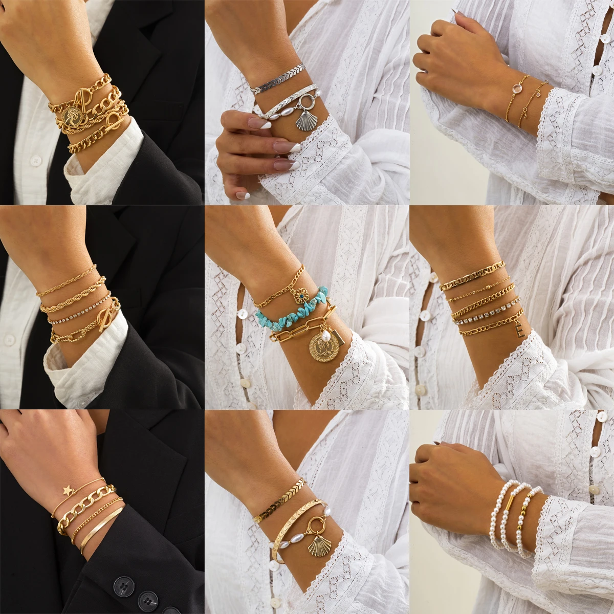 

Lacteo Punk Gold Color Multilayer Metal Chain Bracelets Set Trendy Pearl Crystal Shell Charm Bangle&Bracelet for Women Jewelry