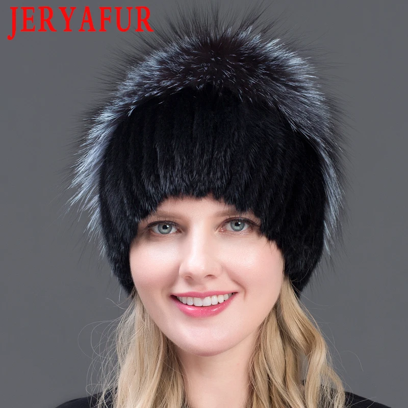 JERYAFUR Женская зимняя норковая меховая вязаная шапка из натуральной норки меховые