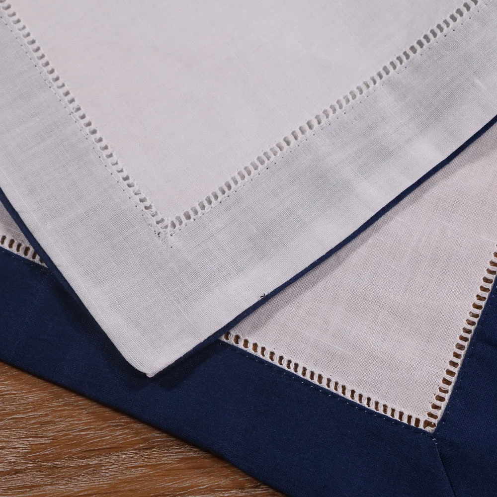 N037-DB-20: 12pieces White Hemstitch Dinner Napkins Dark Blue hem Ramie Cotton Blend Ladder table linen | Дом и сад