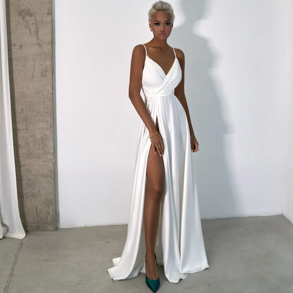 

Simple V-Neck 2021 Wedding Dresses Sleeveless A-Line Pleat Backless Jersey Spaghetti Straps Sweep Train Bridal Gowns Custom Made