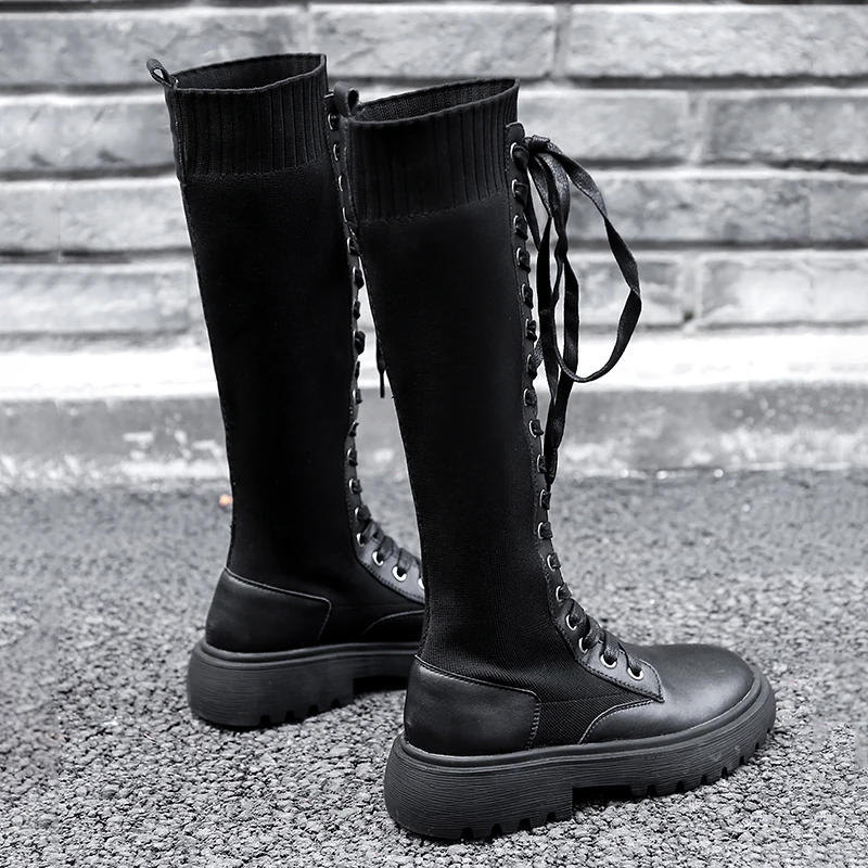 Женские кожаные эластичные сапоги RASMEUP высокие до колена на платформе со