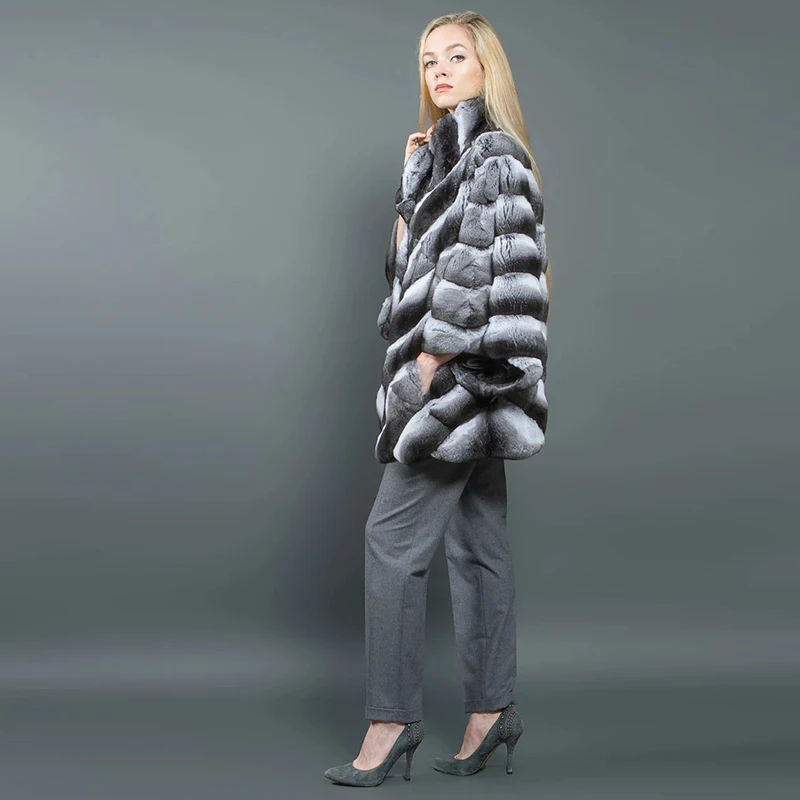 FURSARCAR  New Arrival Natural Real Rex Rabbit Fur Coat Winter Women Bat Sleeves Genuine Chinchilla Fur Jacket  Top Fashion Coat enlarge