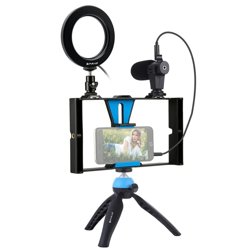 

Puluz 4 In 1 Vlogging Live Broadcast Smartphone Video Rig +4.6 Inch Ring Led Video Light & Microphone+Tripod Mount+Tripod Head