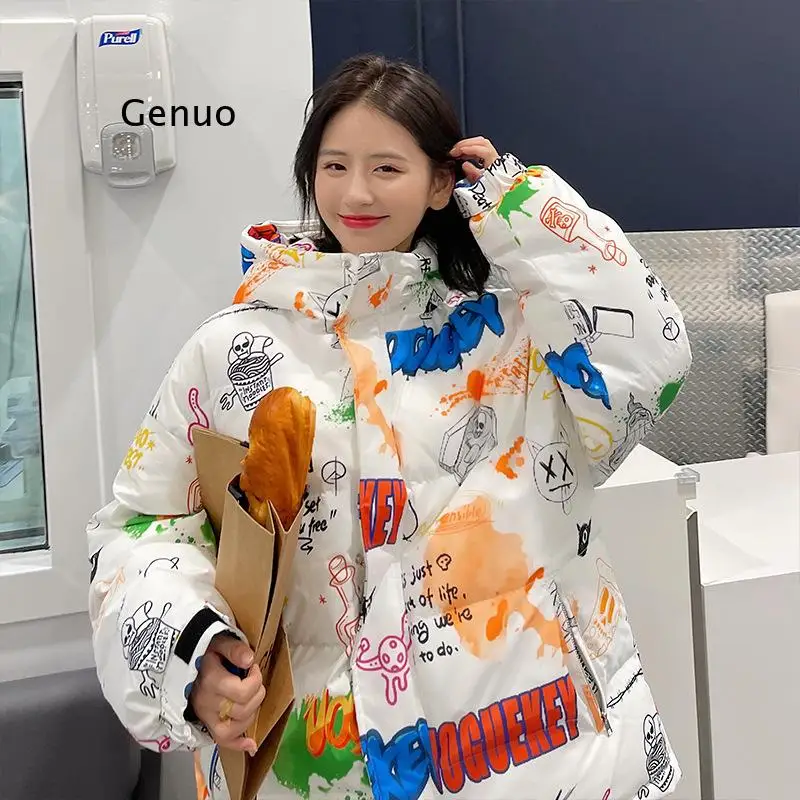 Down Cotton Jackets Hooded Men Thick Warm 2021 Graffiti Print Streetwear Winter Jacket Women Loose Oversize Coat