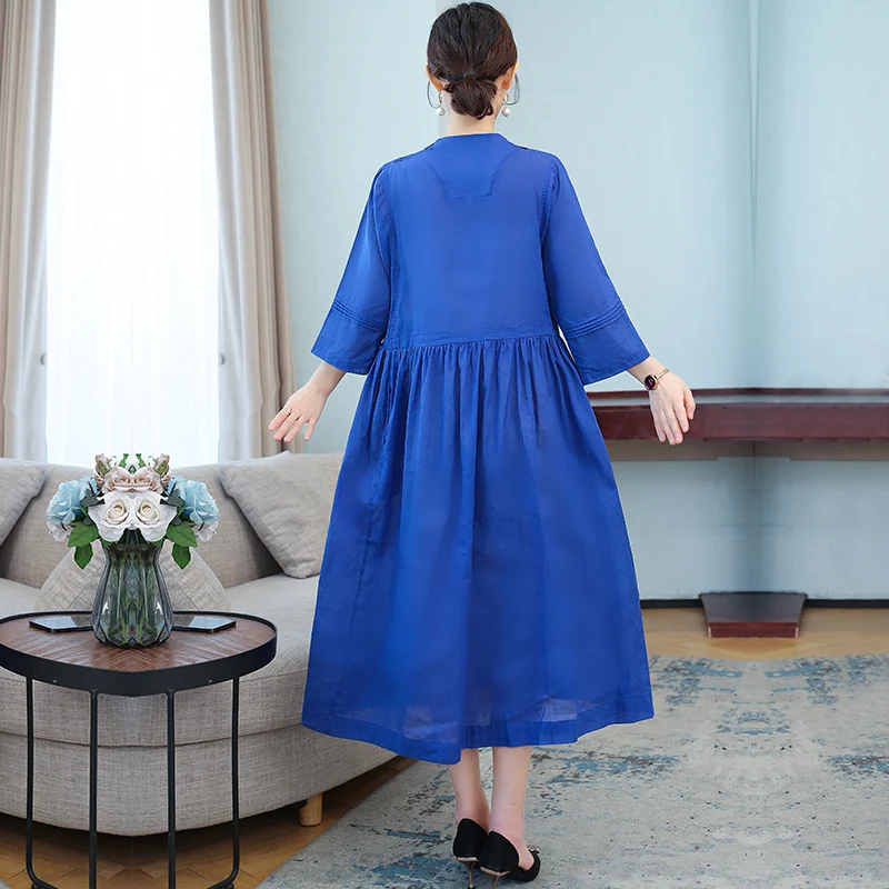 

COIGARSAM Women Long Dress Spring Summer 2021 Casual Three Quarter Sleeve Half Sleeve Loose Embroidery O-Neck Blue Dresses Traf