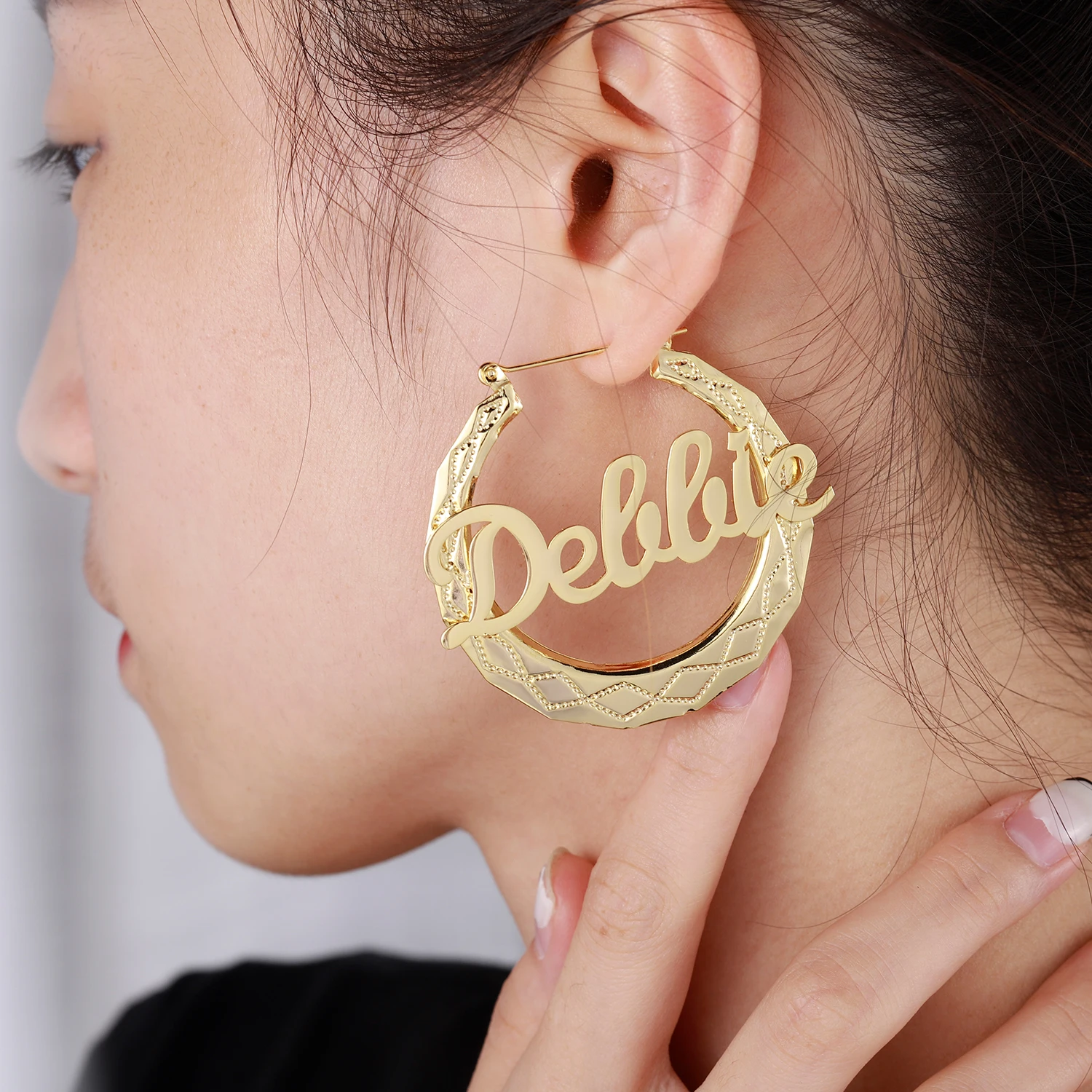 

Stainless Steel Bamboo Hoop Earrings Customize Name Earrings Bamboo Style Custom Hoop Earring With Statement Words Number Gift