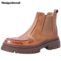 recommand mens winter slip on full grain leather ankle boots business man thick heel trendy casual heighten shoes
