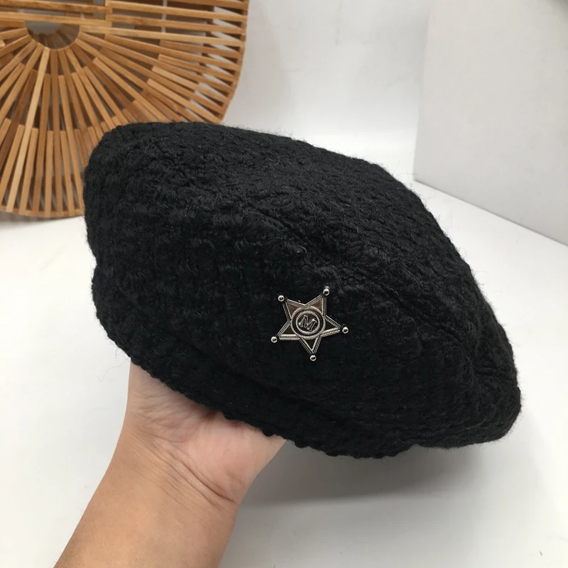 Кепка твидовая вязаная женская берет художника Модный черный Джокер в стиле