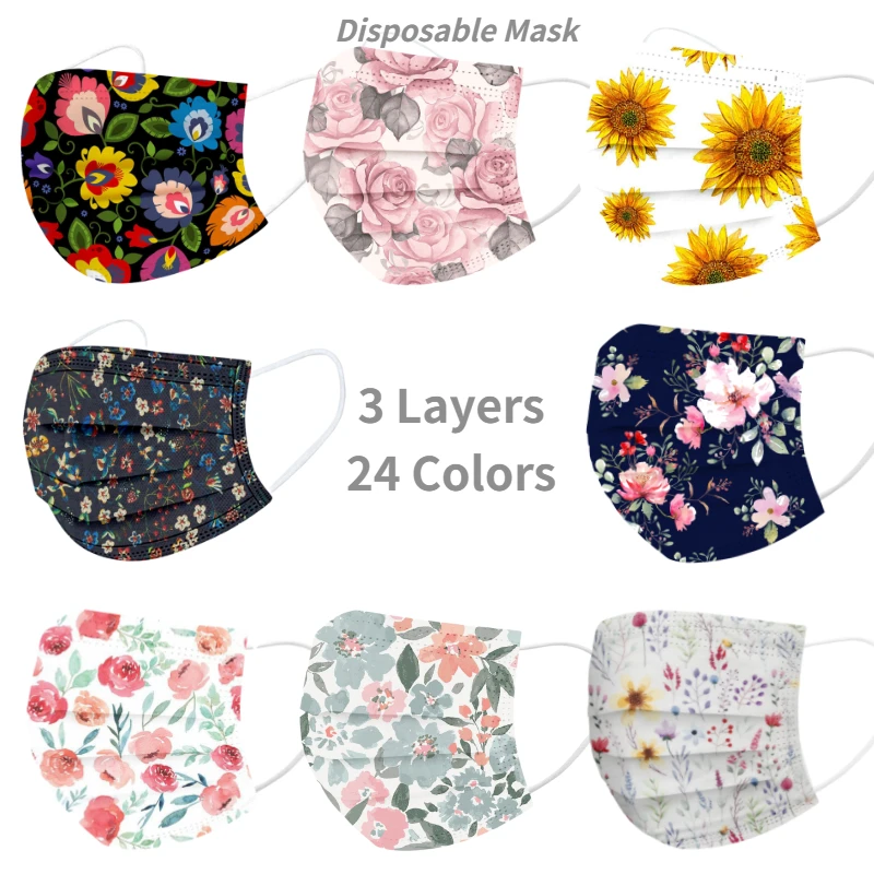 

10pcs Adult Floral Printed Masks Mouth-muffle Disposable Flower Pattern Face mask 3 Layer Ply Meltblown Cloth Filter Facemask