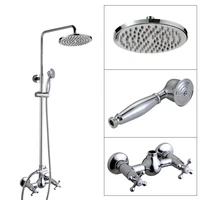 polished chrome brass dual cross handles wall mounted bathroom 8 round rain shower head faucet set bath mixer taps mcy304