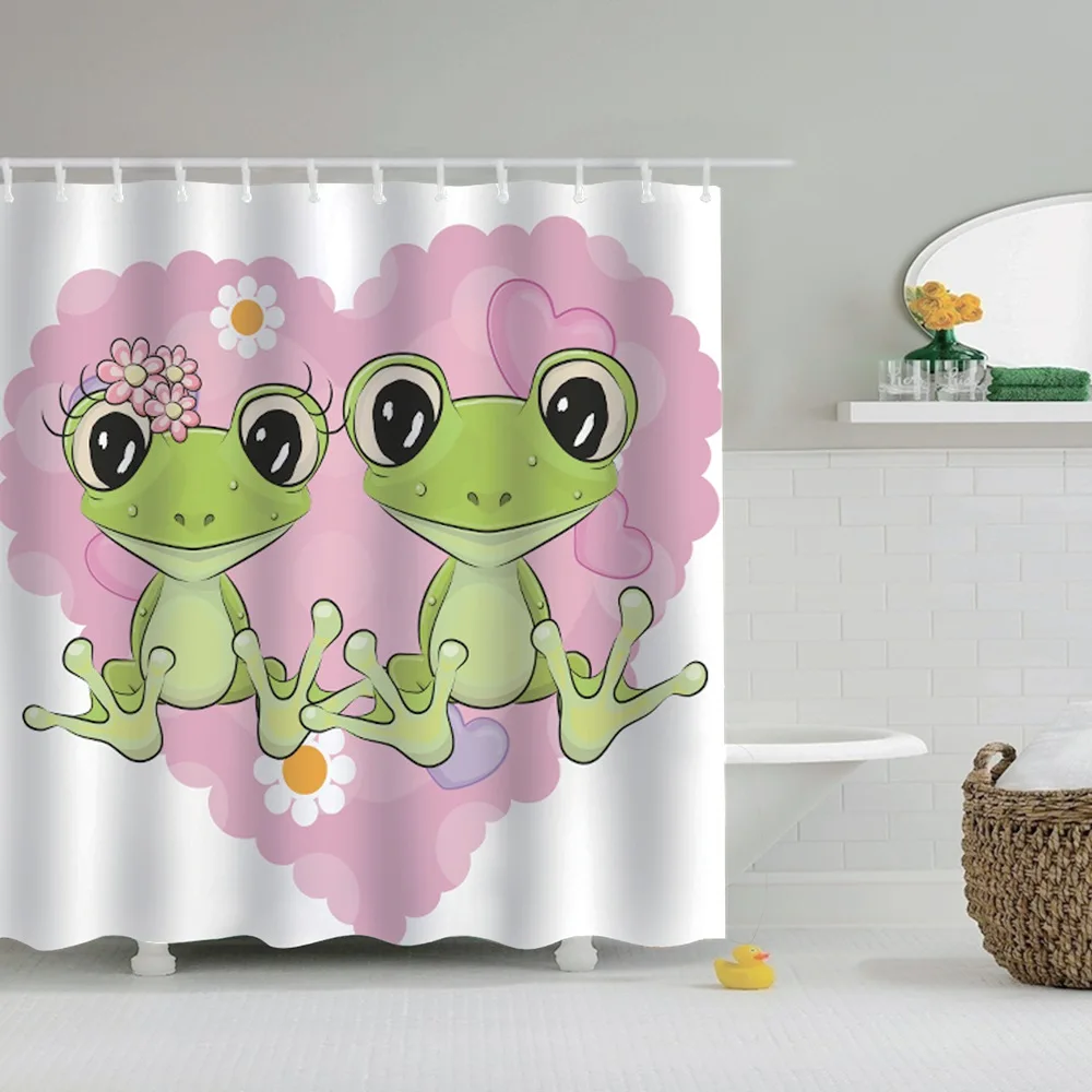 Dafield Shower Curtain Frog Funny Animal Green Cute With Lotus Cartoon Buttefly On The Branch Of Tree | Дом и сад