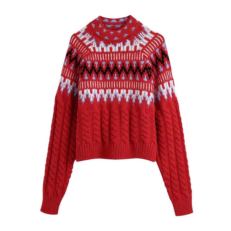

TRAF Women 2021 Fashion Cable-knit Jacquard Sweater Vintage Round Neck Long Sleeve Female Pullovers Streetwear