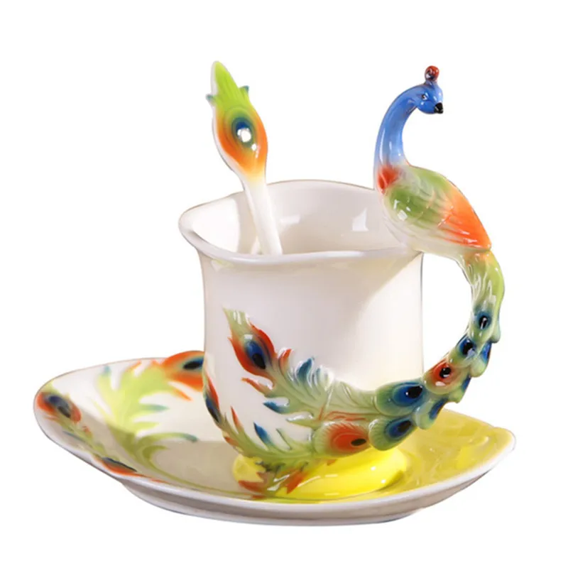 Эмалированные кофейные кружки наборы чашки Procelain для чая с блюдцем ложкой 3D Роза