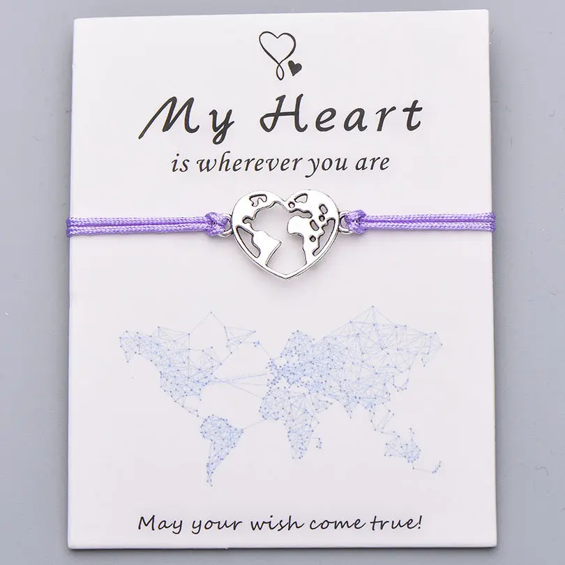 lt purple with card Pipitree Lucky My Heart карта мира браслет ручной работы регулируемая красная струна Очаровательные Браслеты Wish ювелирные изделия подарок для женщин мужчин влюбленных - Окраска металла: lt purple with card