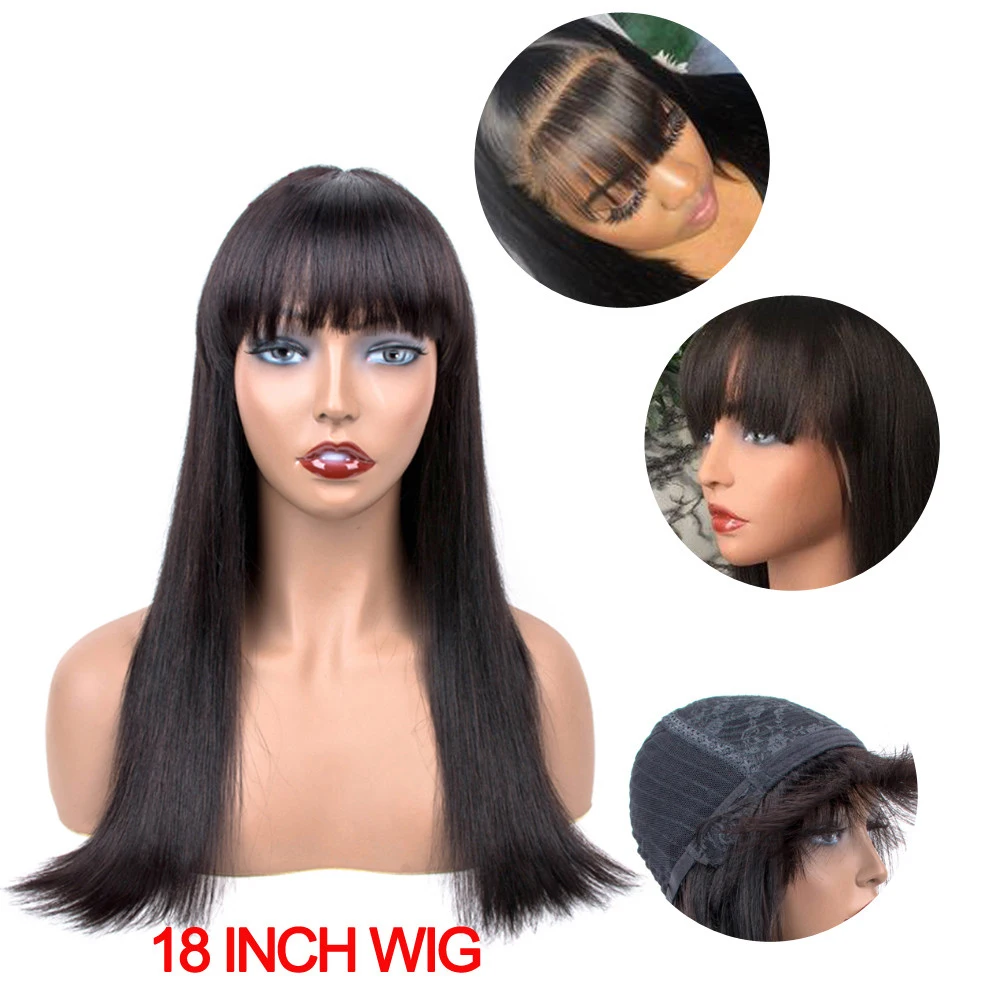 Straight Human Hair Wigs With Bangs For Women O Scalp Top Bob Wig Free Part Lace 10-18&quot Fringe | Шиньоны и парики