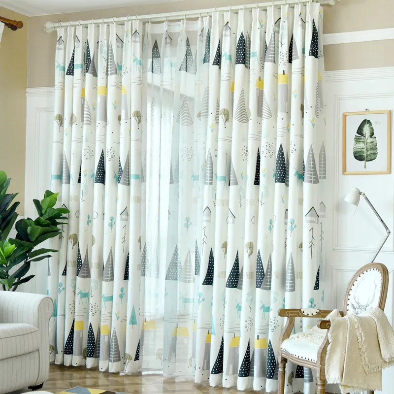 Занавеска на окна с принтом в виде домика рождественскую елку сельском стиле