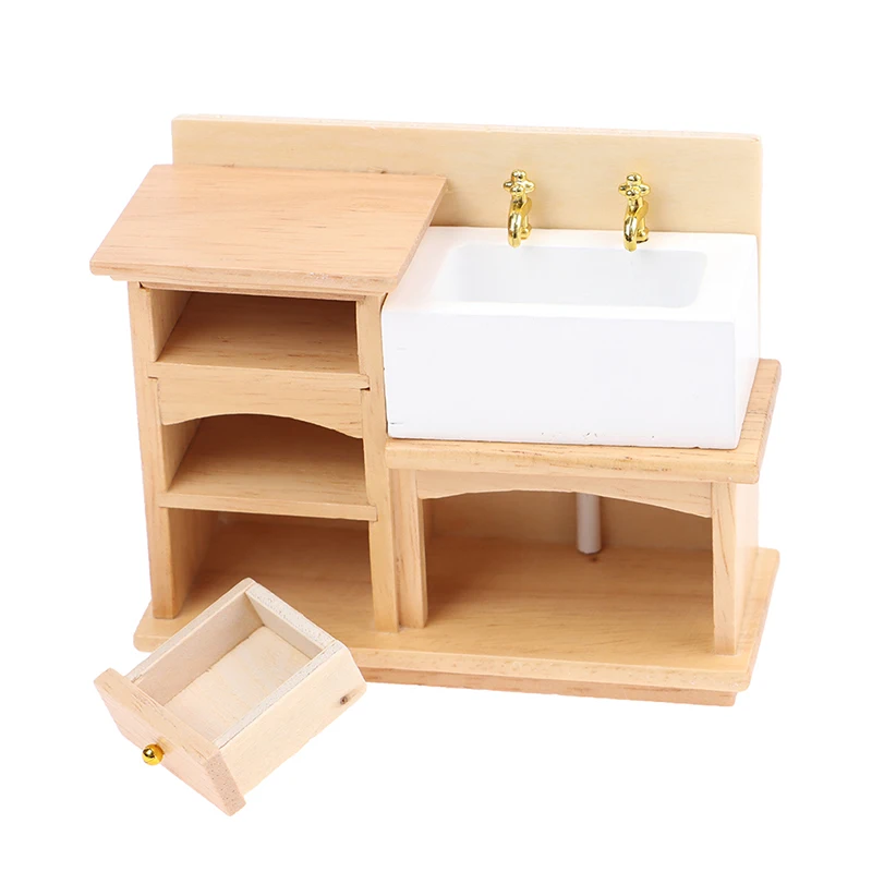 

1/12 Wooden Wash Basin Cabinet With Ceramic Hand Sink Miniature Furniture Toys For Dollhouse Bathroom Kitchen Decoration