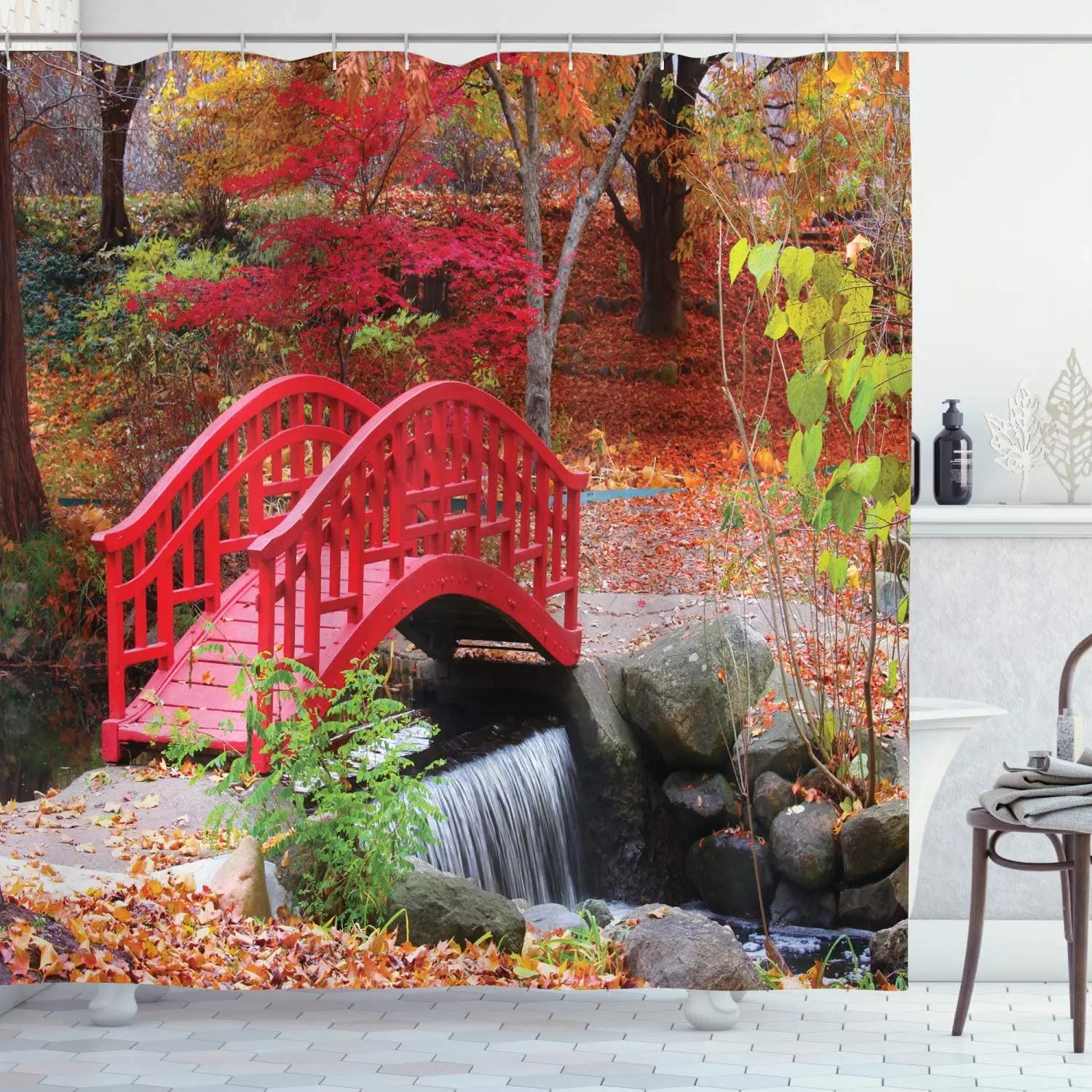

Japanese Shower Curtain autumn Garden with Oak Colored Little Bridge Nature landscape Cloth Fabric Bathroom Decor Set with Hooks