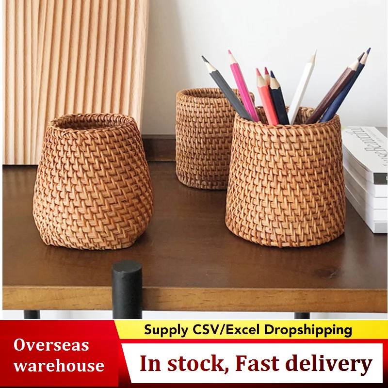 

Simple Autumn Rattan Hand Woven Pen Holder Organizer Makeup Brush Holder Stationery Office Desk Accessories Decor