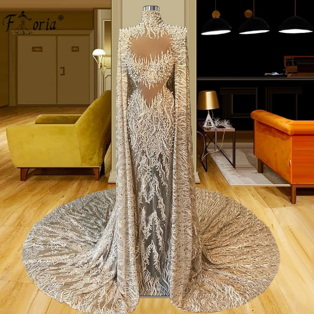 

Gorgeous Pearls Crystal Evening Dresses With Long Cape Train Formal Celebrity Dress Illusion Evening Party Gowns Robe De Soiree