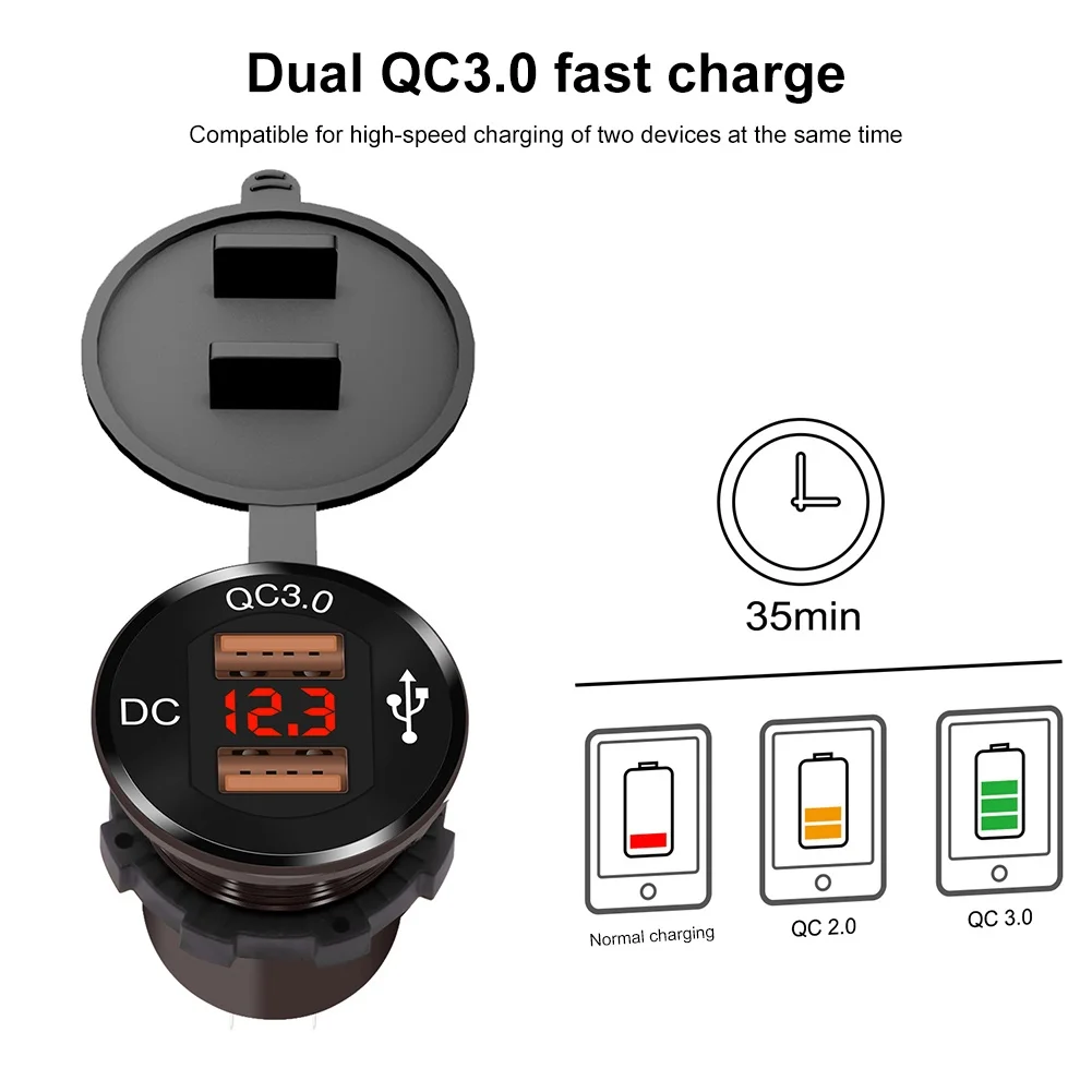 12-24V автомобиль лодка мотоцикл QC3.0 двойной USB цифровой дисплей телефон зарядное