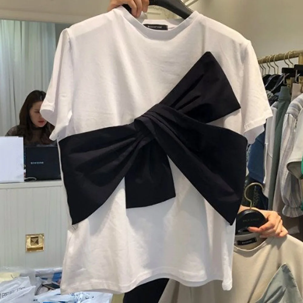 Летняя женская футболка с бантом 2020 корейская мода коротким рукавом