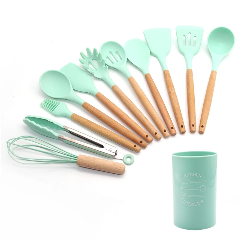 12-Pcs kitchen set Силиконовые набор для кухни 11/12/13 шт, кухонный набор,набор кухонных принадлежностей, антипригарным,деревянной с лопатки, ложка,половник,Кухня инструменты,кухонная утва,серый,кухонные принадлежности из силикона - Цвет: 12-Pcs kitchen set