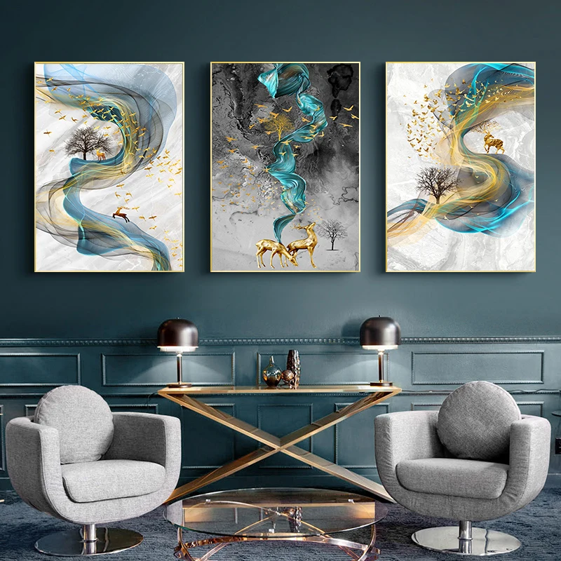 

Abstract Golden Deer Wall Mural Nordic Modern Blue Poster Printing Art for Living Room Bedroom Home Decoration Without Frame