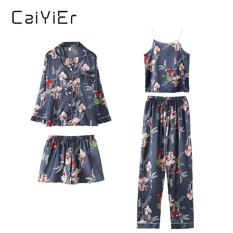 CAIYIER 7 Pcs Flower Silk Satin Pajamas Set Sexy Lingerie Sleepwear Suit Long Sleeve Top Elastic Waist Pants Women Robe Homewear