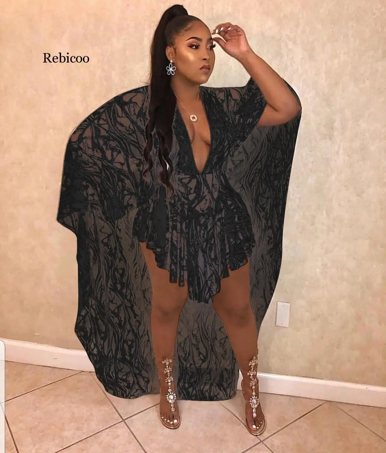 

New style Women clothing Dashiki fashion Sexy v-neck lace dress with irregular hem size