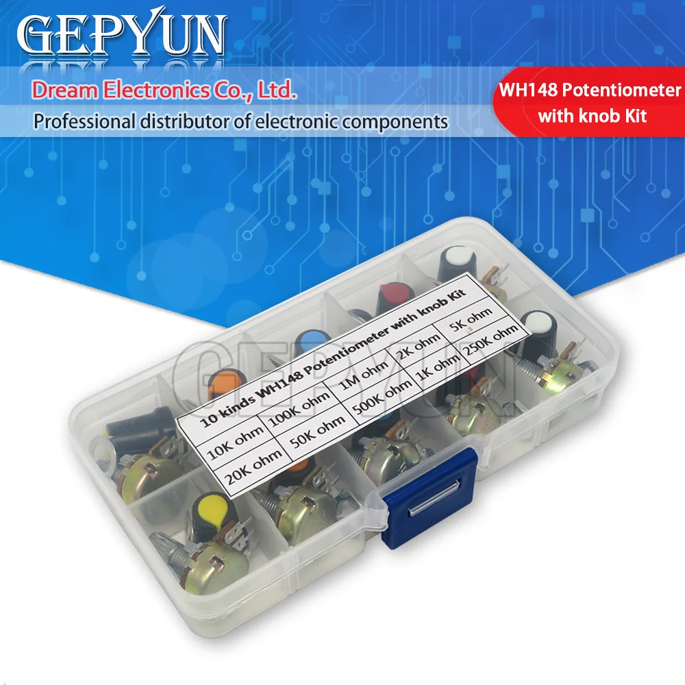 Набор потенциометров WH148 B1K 2K 5K 10K 20K 50K 100K 500K 1 м 15 мм Линейный Конус роторный