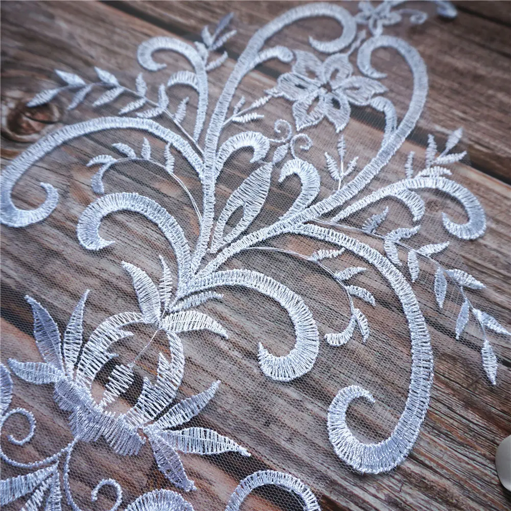 Вышитая белая кружевная ткань свадебное платье аппликация в стиле барокко сетка