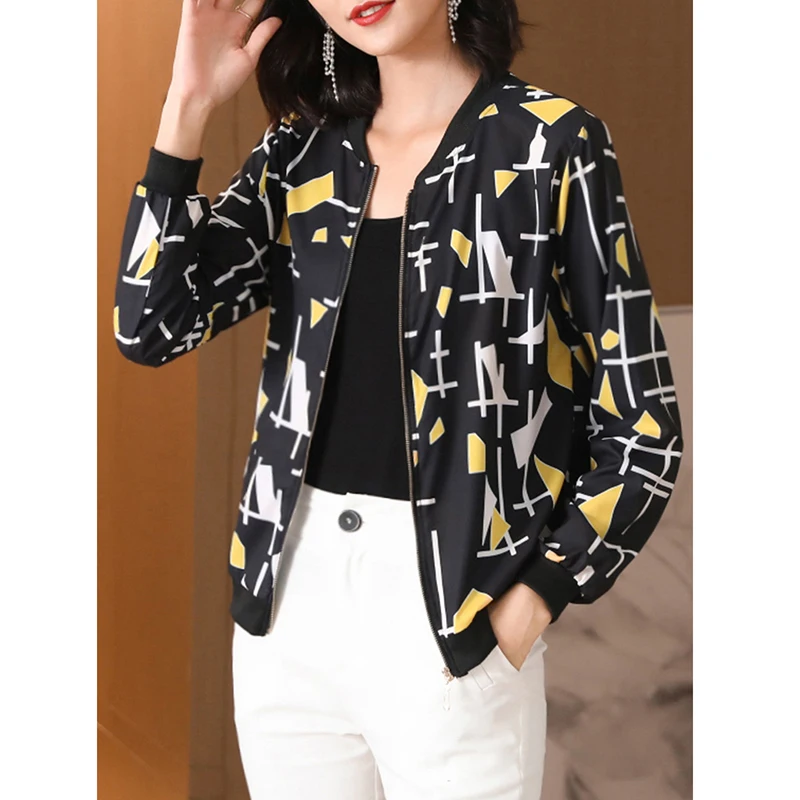 Куртка-бомбер женская с принтом тонкая базовая длинным рукавом Повседневная