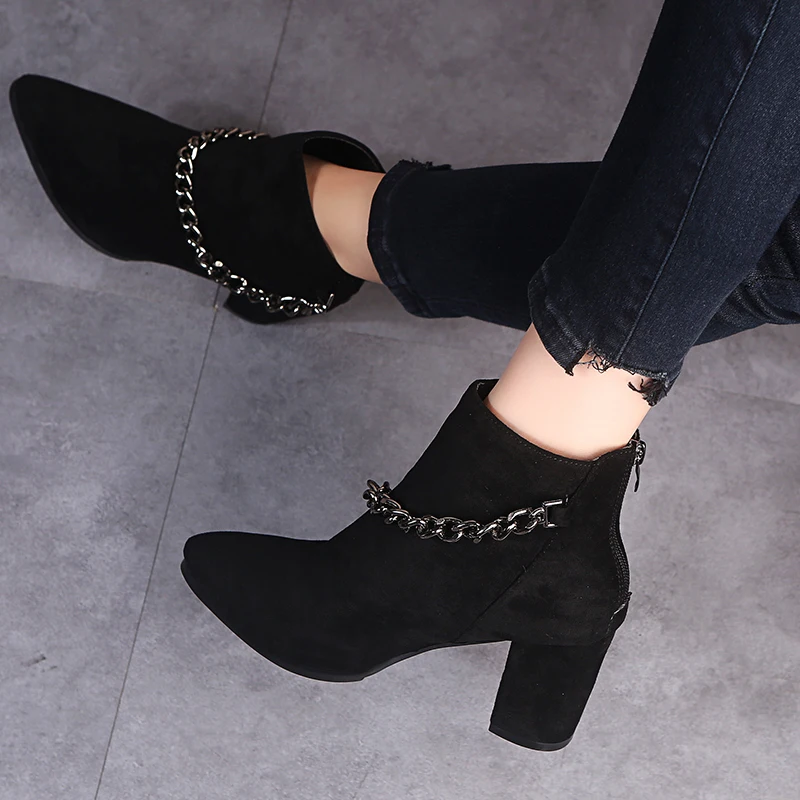 

High Heel Winter Microfiber Ankle Boots Classic Style With Metal Chain Chelsea Women Spring Shoe Plus Big Size 35-43