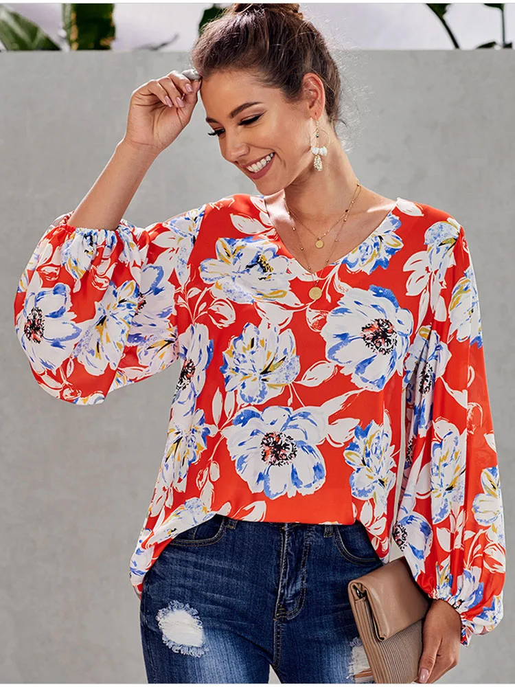 

Spring Vintage Floral Print Loose Shirts Tops 2021 Women V-Neck T-Shirt Summer Casual Short Sleeve Pullover Blusas
