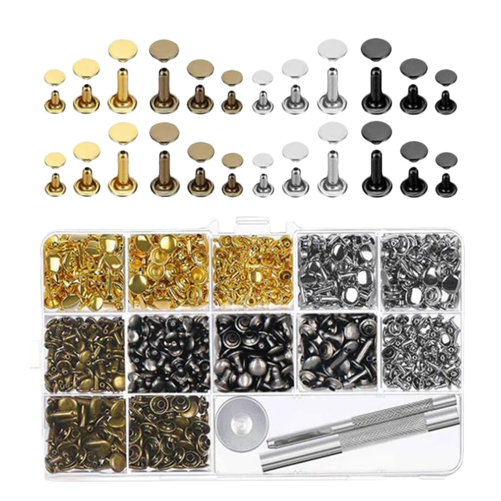 

480 Sets 3 Sizes Leather Rivets Double Cap Rivets Kit with 3 Pieces Setting Tool