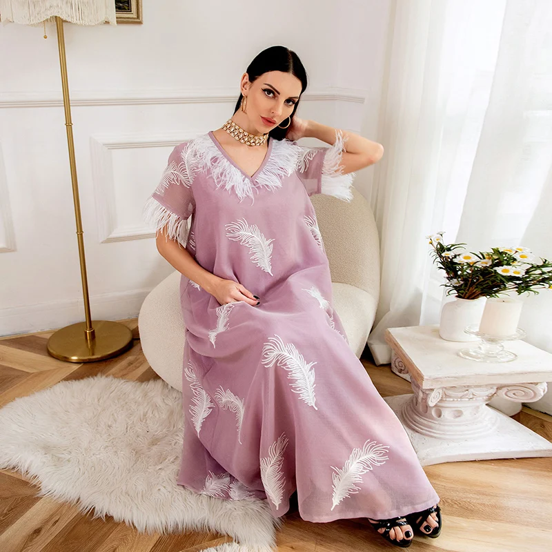 Abaya Woman Muslim Dress 2022 Feathers Embroidery Turkish Dubai Habaya Gulf Caftan Marocain Moroccan Takchita Jabador Pakistani