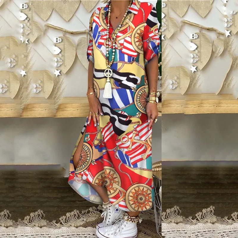 

Модное платье-рубашка на пуговицах, женское повседневное длинное уличное платье, свободное домашнее платье большого размера с принтом, жен...