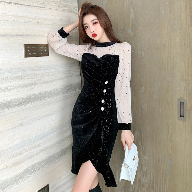 

Черные сексуальные Клубные платья с блестками 2022, женское корейское повседневное винтажное черное платье, осенне-зимнее бархатное элегант...