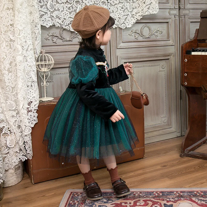 

Anna Dress For Girls Winter Velvet Princess Costumes Children Halloween Party Green Gown Lace Tulle Sequin Clothes 2-8T