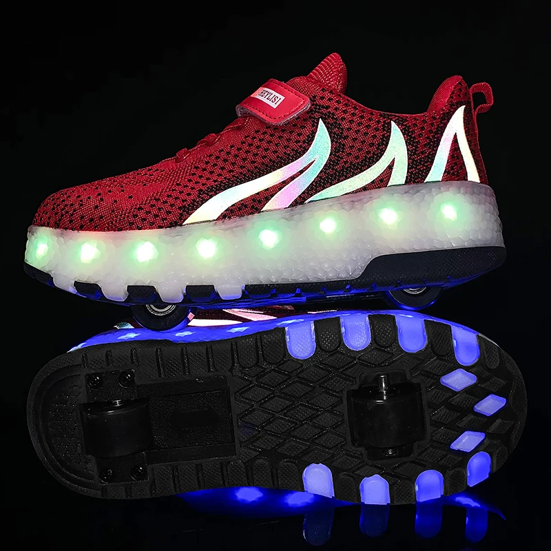 Size 28-40 Kids Roller Sneakers with lights USB Charged LED Shoes Double Wheels Children Boys Girls Luminous Skate | Детская одежда и