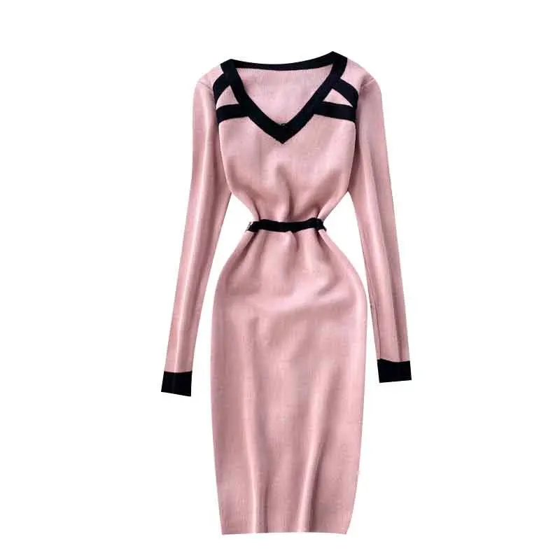 

Autumn Winter Knitted Dress Women Long Sleeve Color Patchwork Elegant Office Dress Slim Stretchy Casual Ladies Dresses