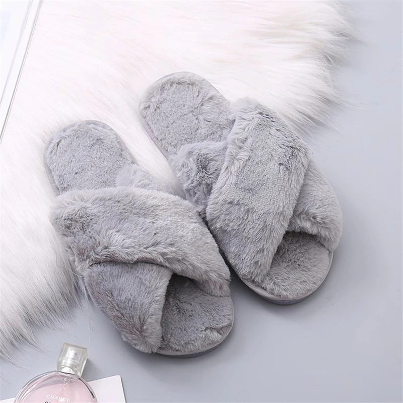 

2021 Winter Thuis Schoenen Vrouwen Huis Slippers Warme Faux Fur Dames Cross Zachte Pluche Harige Vrouwelijke Open Teen Slides Fa