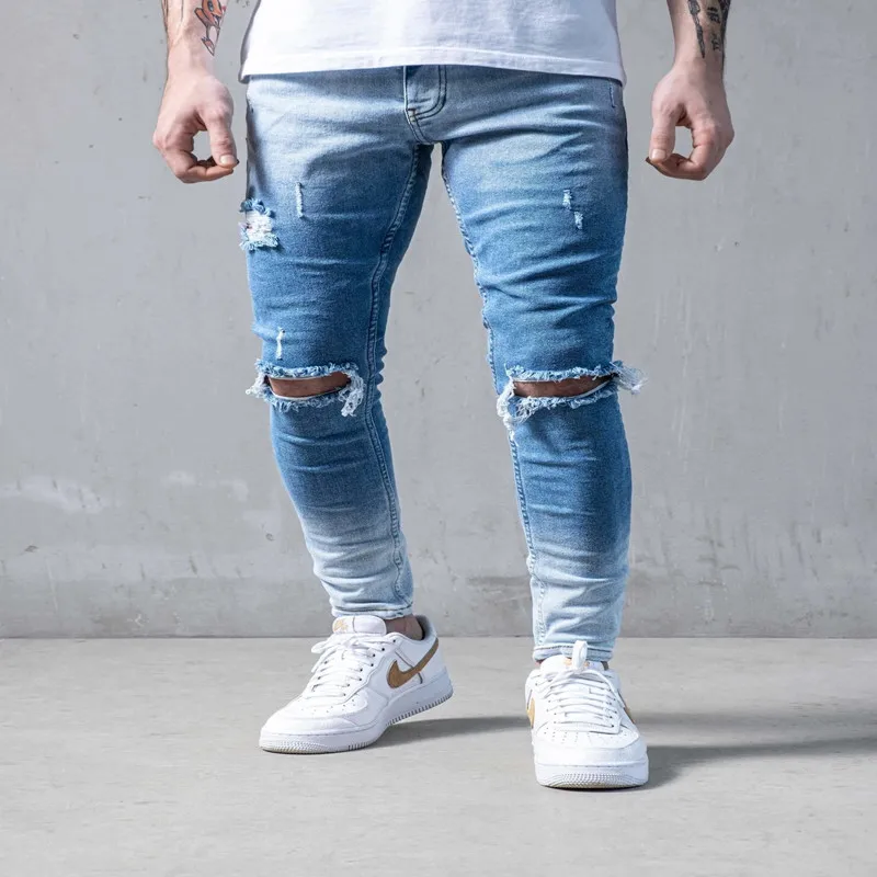 

Мужские рваные джинсы 2021, повседневные синие хлопковые брюки-карандаш с градиентом контрастных цветов