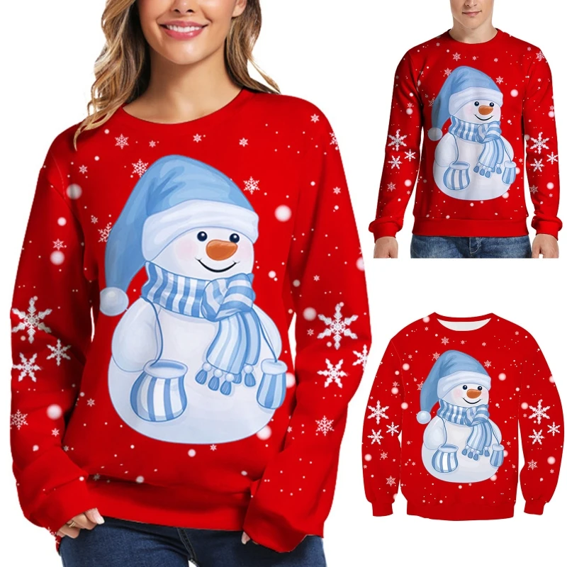 

Men Women Couples Christmas Long Sleeve Sweatshirt Cartoon Snowman Snowflake Printed Pullover Tops O-Neck Casual Loose Holiday F