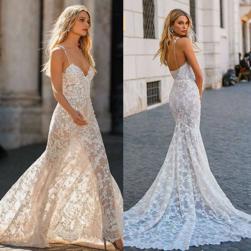 Пикантные прозрачные детское платье силуэта «русалка» свадебное платье Vestido de Noiva, расшитые блестками, с низким вырезом на спине; с тонкими лямками Boho свадебный наряд