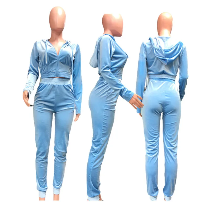 

VS&LLWQ Fall 2 Piece Set Women Hooded Zipper Top Sport Pants Velvet Stretch Casual Fitness Outfit Jogger Matching Set ropa mujer