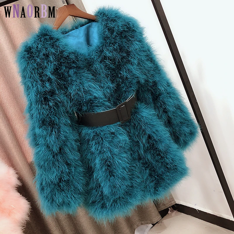 Real fur coat medium length turkey feather hand sewn solid color warm top with cotton lining suitable for temperature 0 ℃ - 10 ℃