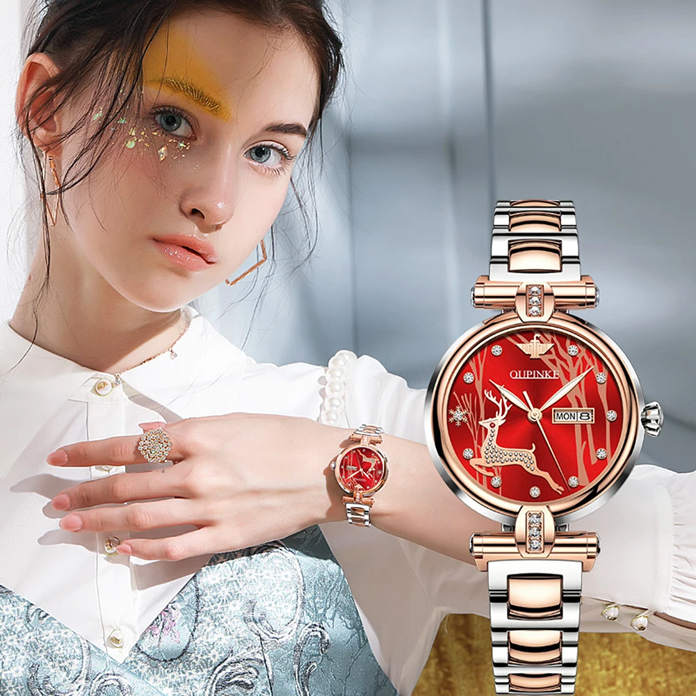 

OUPINKE 3180 Mechanical Fashion Waterproof Deer Figure Ladies WatchCeramic band Crystal Ceramic Design Women Watches