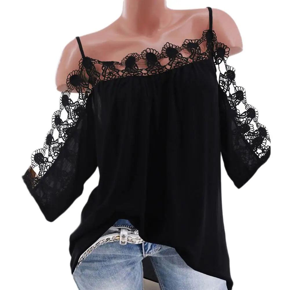 

Casual Women Loose Sexy Off-Shoulder Short Sleeve Hollow Lace Strappy Blouse Top